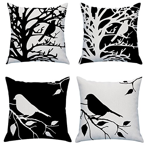 LAZAMYASA Square Cartoon Bird Printed Cushion Cover Cotton Throw Pillow Case Sham Slipover Pillowslip Pillowcase For Home Sofa Couch Chair Back Seat,4PCS,Black,18x18in