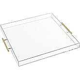 Extra Large Clear Acrylic Serving Tray (18×18 Inches) with Gold Handles Spill Proof Acrylic Over Size Big Decorative Tray Organiser for Ottoman Coffee Table Countertop