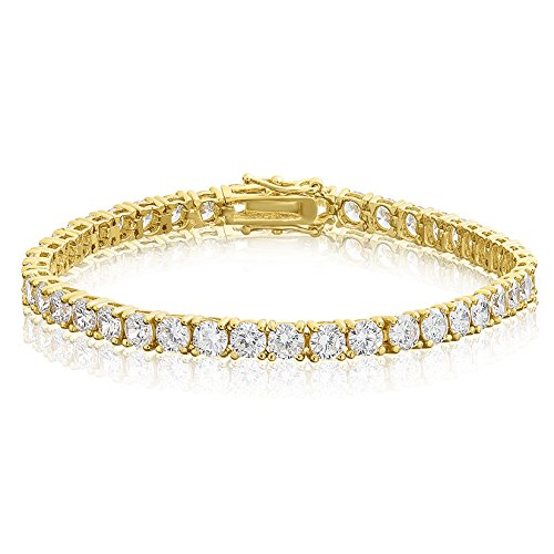 KEZEF Creations Cubic Zirconia Tennis Bracelet Round Cut 4mm 14K Gold Plated Brass 8 inch Hypoallergenic for Women