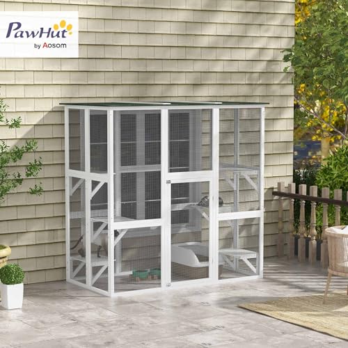 PawHut Outdoor Catio Cat Enclosure, Large Weatherproof Cat House with Asphalt Roof, 6 Jumping Platforms, Wooden Walk-in Kitty Cage for Multiple Kittens, 71" x 39" x 71", White