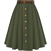 Belle Poque Women's Vintage Stretch High Waist A-Line Flared Midi Skirts with Pockets & Belts