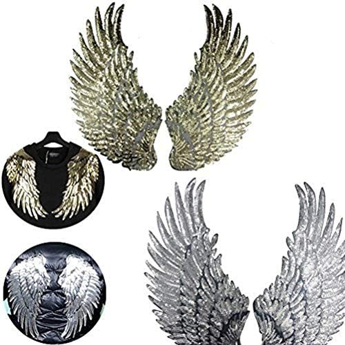 Cha Long 2 Pairs of Sequins Angel Wings Iron On Patch DIY Embroidered Applique Bling Wings for Jackets Cloth Decoration GOLD and SILVER