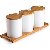 Lucky Goddness Ceramic Sugar Bowls with Bamboo Lids and Spoons-June Sky Muti-Functional Round Condiment Jar for Home- Spice Storage Canister,10.8 oz 320 ML,3 Pcs Set