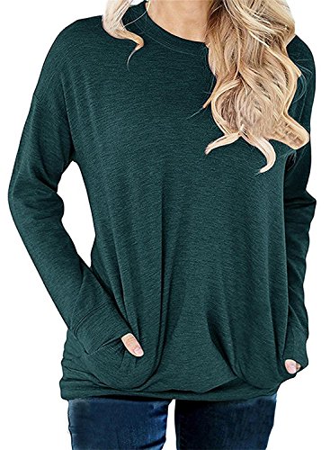 RJXDLT Women's Crew Neck Pullover Sweatshirts Casual Loose Tunic Tops Long Sleeve Shirts Blouses for Women Dark Green M