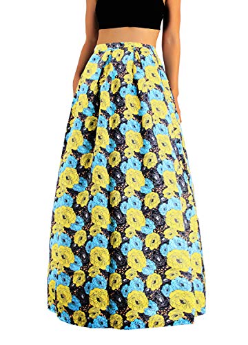 Novia's Choice Women African Floral Print Pleated High Waist Maxi Casual A-Line Skirt(Yellow&Blue Flower XXL) - Thumbnail 4