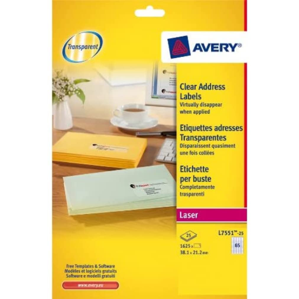 Avery 1625 Mini Sticky Labels (65 per Sheet) - 38.1x21.2mm - Laser Print - Transparent (L7551)