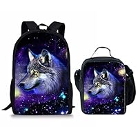 INSTANTARTS Galaxy Wolf School Satchel Shoulder Backpack Set + Thermal Lunch Bag