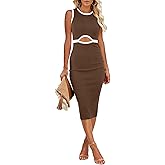 oten Womens Sexy Crew Neck Sleeveless Cut Out Ribbed Bodycon Slim Fit Cocktail Party Club Midi Dresses
