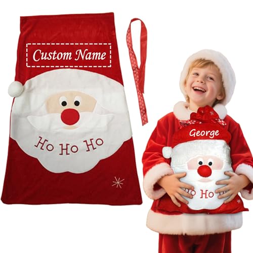 Personalised Red Velvet Christmas Santa Sack, Custom Name Santa Sack with Motif & Drawstring Tie, Festive Large Reusable Sack Bag for Storing, Holiday Present, Stocking Stuffers (Red-A)