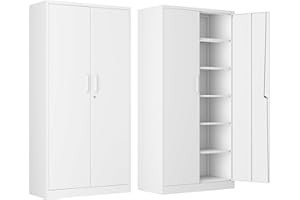 AFAIF Metal Storage Cabinet with Lock, 71" White Garage Cabinets with 2 Doors and 5 Adjustable Shelves, Steel Locking Caninets Tall Tool Utility Caninet, Lockable File Cabnet for Home Office, Pantry