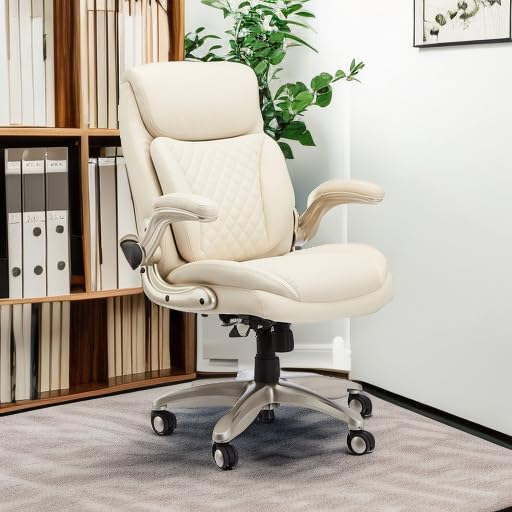 Amazon Basics Ergonomic Executive Office Desk Chair with Flip-up Armrests and Adjustable Height, Tilt and Lumbar Support, Cream Bonded Leather, 29.5"D x 28"W x 43"H (Previously AmazonCommercial brand) - Image 2