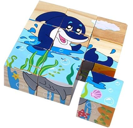 Trinkets & More - 3D 6 Face Animal Block Puzzle | 6 in 1 Wooden Cube Jigsaw Toys | 9 Pieces Early Education Boys Girls 3+ Years (Aquatic)