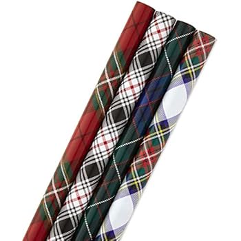 Hallmark Christmas Wrapping Paper Bundle with Cut Lines on Reverse, Plaid (Pack of 4, 120 sq. ft. ttl) Red and Black, Green and Blue