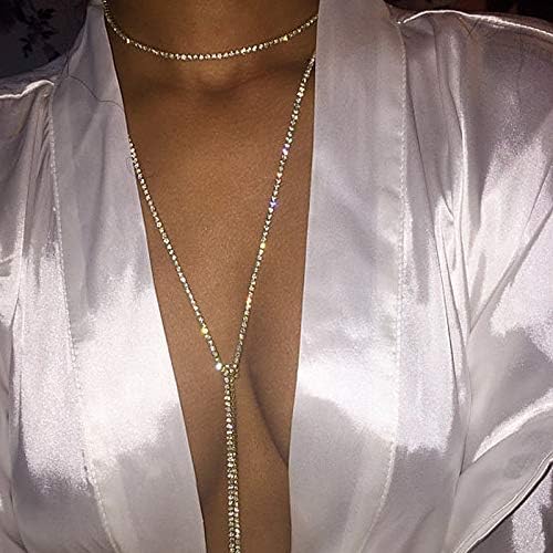 ajzdnzvr Gold/Silver Fashion Women Multilayer Rhinestone Long Pendant Chain Bar Tassel Choker Necklace Body Jewelry,150cm (Silver)