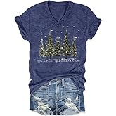 V Neck Merry Christmas Shirts for Women Xmas Tree Graphic T-Shirts Winter Bright Indoor Basic Tops New Year Festival Tee