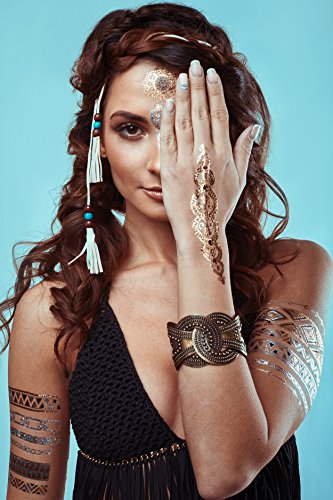 Terra Tattoos Metallic Temporary Tattoos - Over 75 Boho Gypsy Fake Tattoos in Gold and Silver (6 Sheets), Serenity Collection