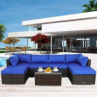 Outime Patio Furniture Rattan Sofa Brown Wicker Couch Set Garden Outside Sectional Seating Home Furniture wCoffee Table Royal Blue Cushion 7pcs