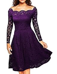 Apparel: Womens Vintage Floral Lace Long Sleeve Boat Neck Cocktail Formal Swing Dress (S, Purple)