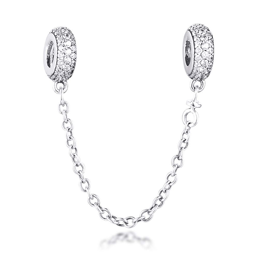 PANDOCCI Fits Pandora Bracelet &Necklace Pave Inspiration Safety Chain Silver Beads with Clear CZ Original 925 Sterling Silver Charms DIY Jewelry,10.34*4.36 MM