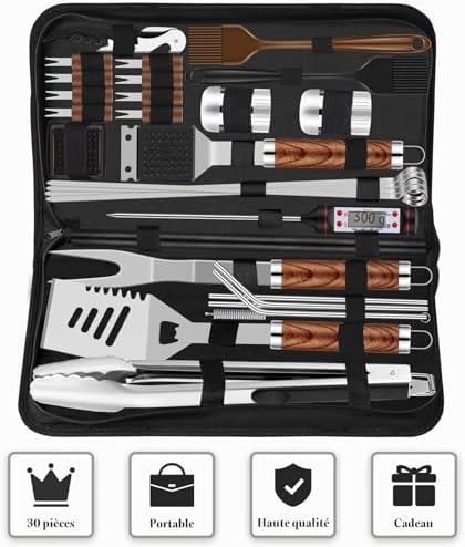 Lot de 30 ustensiles de Barbecue en Acier Inoxydable de qualité supérieure - Pince à Barbecue - avec Mallette et Tapis de Barbecue pour Homme - Cadeau pour Le Jardin, Le Camping - Marron