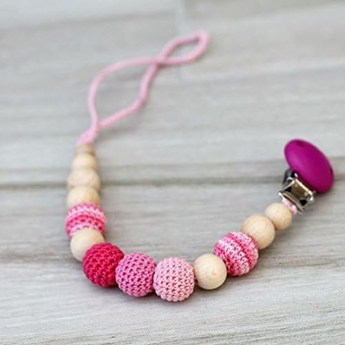 Baby dummy chain Pink Pacifier clip for baby girl, Crochet wooden holder, stroller dummy chain with baby pink clip