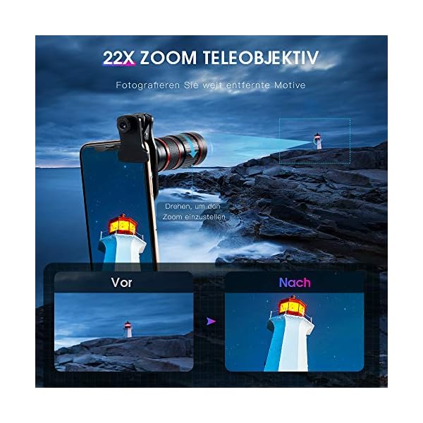 Crenova Handy Objektiv Kamera Linse Kit 22x Zoom Teleobjektiv, 235° Fischaugen objektiv, 25 Makro Objektiv und 0,62… – Bild 4