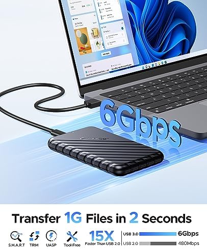 Festplattengehäuse 2,5 Zoll, 6Gbps USB C 3.1 Gen 1 Festplatten Gehäuse für 9.5mm 7mm 2.5 Zoll SATA SSD HDD, UASP Trim unterstützt,mit USB 3.1 Kabel,Werkzeugloses Externe SSD Gehäuse ABS (Schwarz