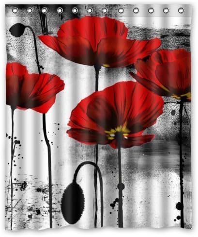 Beautiful Vintage Red Poppy Flower Ink Painting Shower Curtain 60x72 inches