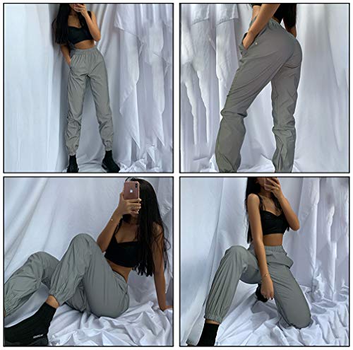 Women Reflective Pants Casual Dance Sport Track Trouser Sweatpants Jogger Pants Party Music Festival Rave Outfit Gray
