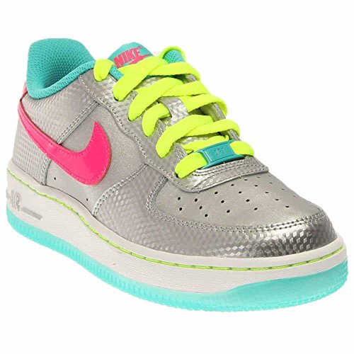 Nike Kid's Air Force 1 (GS), METALLIC SILVER/HYPER PINK-HYPER JADE-VOLT, Youth Size 5
