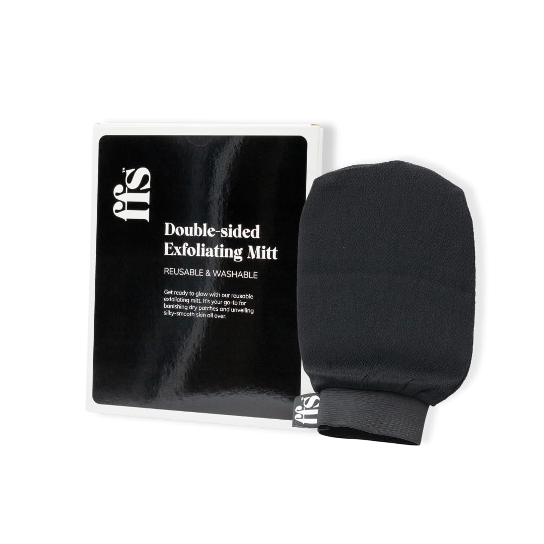 FFS Beauty Double-Sided Exfoliating Mitt - Exfoliating Mitt for Dead Skin, Exfoliating Glove to Unclog Pores & Revive Dull Skin, Mitt for Sensitive Skin, Body Scrub Glove to Leave Skin Smooth (Black)
