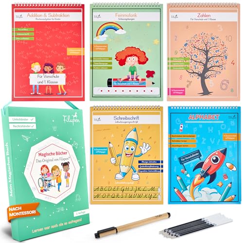 Filapen Magic Preschool Books from 4 Years - 5 Exercise Books + Pen (Reusable) - Learn to Write & Calculate, Practice Letters & Numbers - For Left-Handed and Right-Handed Users