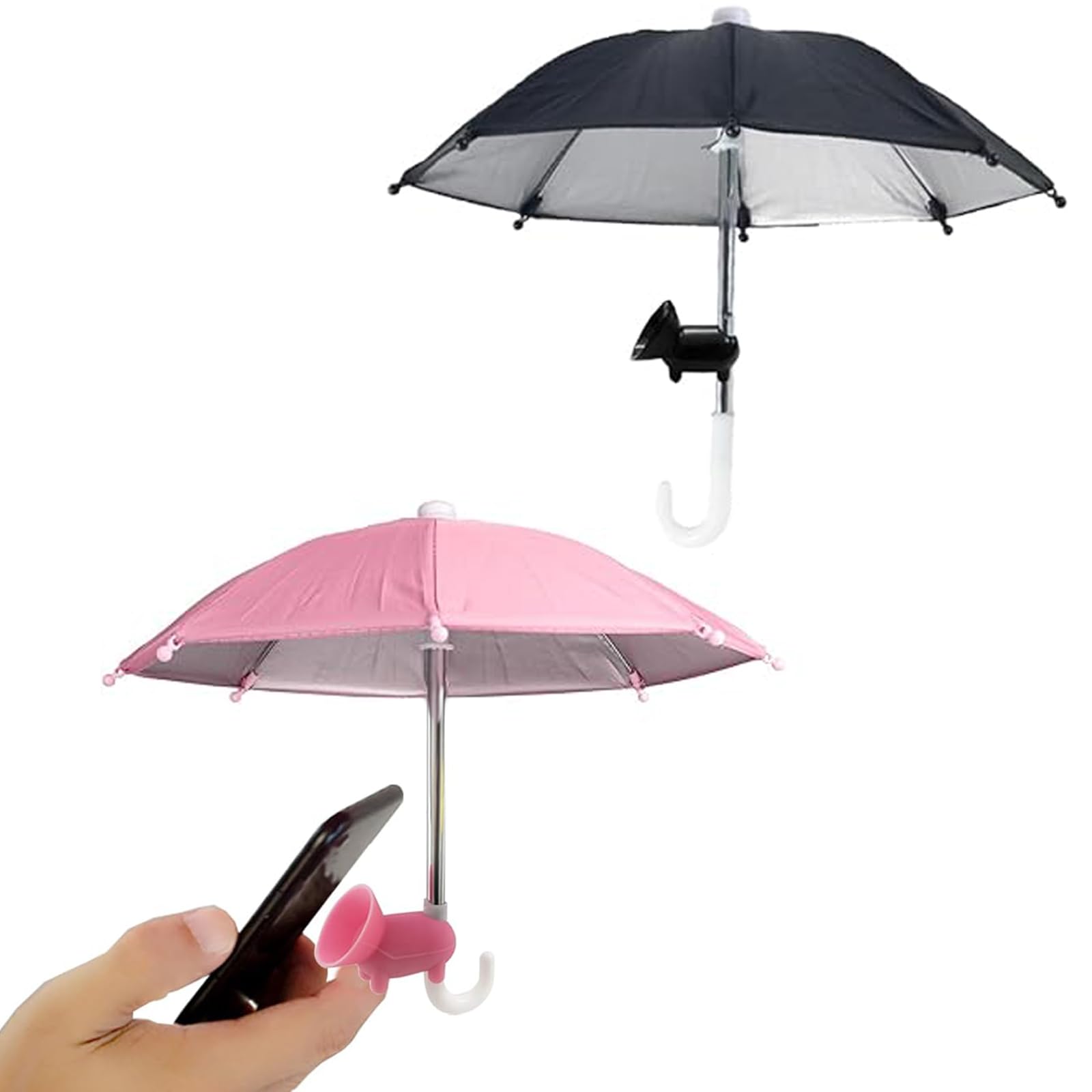 2 Pcs Cell Phone Umbrella With Adjustable Flexible Piggy Suction Cups - Multifunctional Cute Sun Shade for Outdoor Use (Pink & Black)