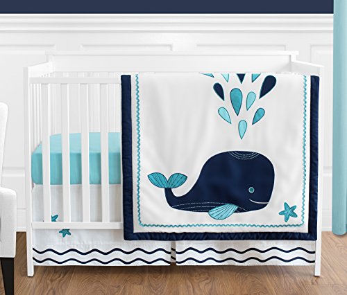 Sweet Jojo Designs Blue Whale Baby Boy or Girl Nursery Crib Bedding Set  Pieces Gender Neutral Turquoise and Navy Nautical Ocean Sea