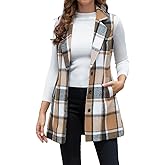 Kinghua Womens Wool Plaid Long Vest Fall Winter Lapel Sleeveless Blazers Jacket Outerwear