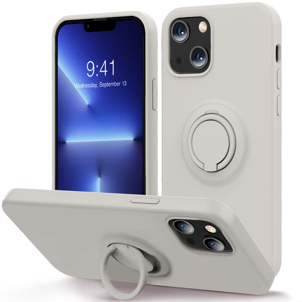 Photo 1 of MOCCA Compatible with iPhone 13 Case 6.1 inch with Ring Kickstand | Liquid Silicone | Microfiber Liner | Anti-Scratch Full-Body Shockproof Protective Case for iPhone 13 Women Girl - Stone