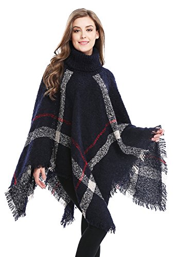 Women's Knitted Winter Tartan Cape Stylished Poncho Plaid Turtleneck Cape, Blue