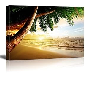 Canvas Prints Wall Art - Beautiful Scenery Sunrise on Caribbean Beach with Palm Trees | Modern Wall Decor/Home Art Stretched Gallery Canvas Wraps Giclee Print & Ready to Hang - 12" x 18"