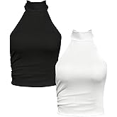 Verdusa Women's 2 Pack Tie Backless Halter Tops Ruched Sleeveless Fitted Crop Tops