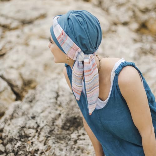 CAREBELL Smooth oncological scarf – Mediterranean design steel in soft and breathable bamboo, specially for chemotherapy, alopecia and sensitive skin, handmade in Spain