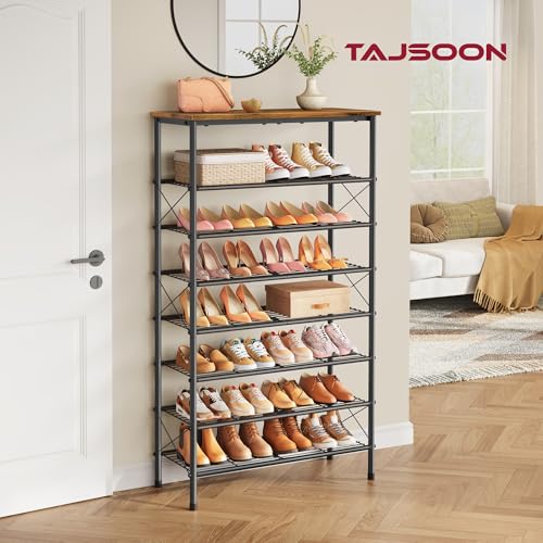Tajsoon 8 Tier Free Standing Shoe Rack for 28-32 Pairs, X Shape Fixed Frame Metal Mesh Shoe Rack for Closet, Rustic Brown & Black