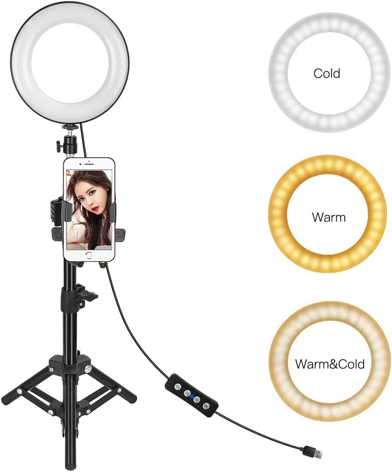 Selfie Light, 6” Ring Light with Tripod Stand and Cell Phone Holder Desktop LED Lamp Mini Camera Light for Live Stream Makeup You Tube Live Steaming Portrait Photography