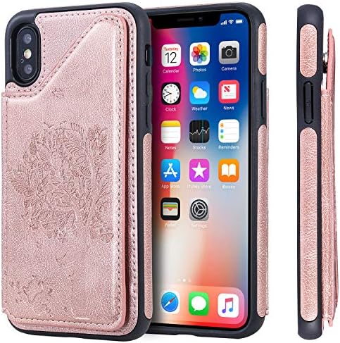 Cmeka Wallet Case for iPhone X & iPhone 10 with Card Holder Embossed Cat Tree Premium PU Leather Kickstand Double Magnetic Clasp Durable Shockproof Cover Rose Glod