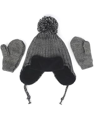 Unisex Baby/Little Kids Winter Hat Mittens Set Fleece-Lined Knit Earflap Hat With Pompom