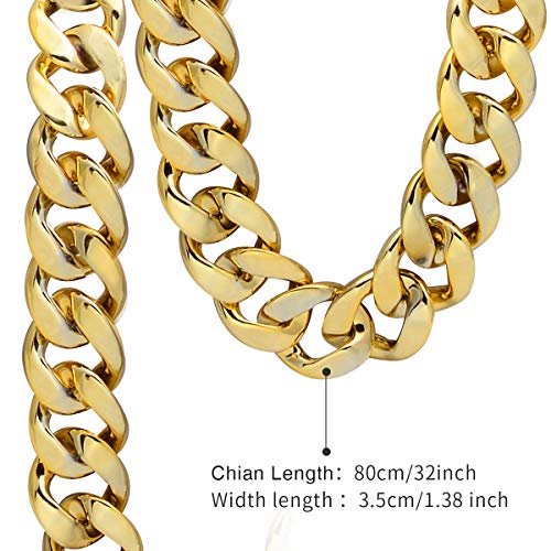 CrazyPiercing Faux Gold Acrylic Chain Necklace, 90s Punk Style Necklace Costume Jewelry, Hip Hop Turnover Chain Necklace, Plastic (32 inches, 35mm) (Gold)
