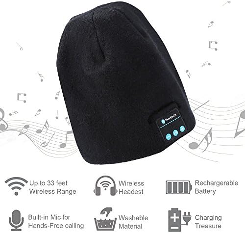 Bluetooth Beanie Hats with Speakers Pom Pom Hats FoYoung Wireless Earphones with Microphone Hands Free Running Headphones Birthday Gifts (Black)