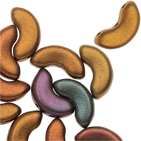 Czech Glass Arcos par Puca, 3-Hole Semi-Circular Beads 5x10mm, 30 Pieces, Yellow Gold Metallic Iris