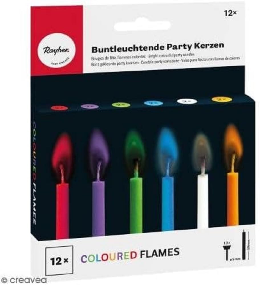 Rayher Coloured Flame Party Candles with Holders for Cake Decoration, Set of 12 Birthday Candles with Coloured Flames, assorted colours, 5.5cm, 31587000