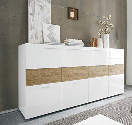 Madia Soggiorno Britney 138cm CAESAROO - Bianco Opaco E Rovere Naturale, 3 Ante Moderna