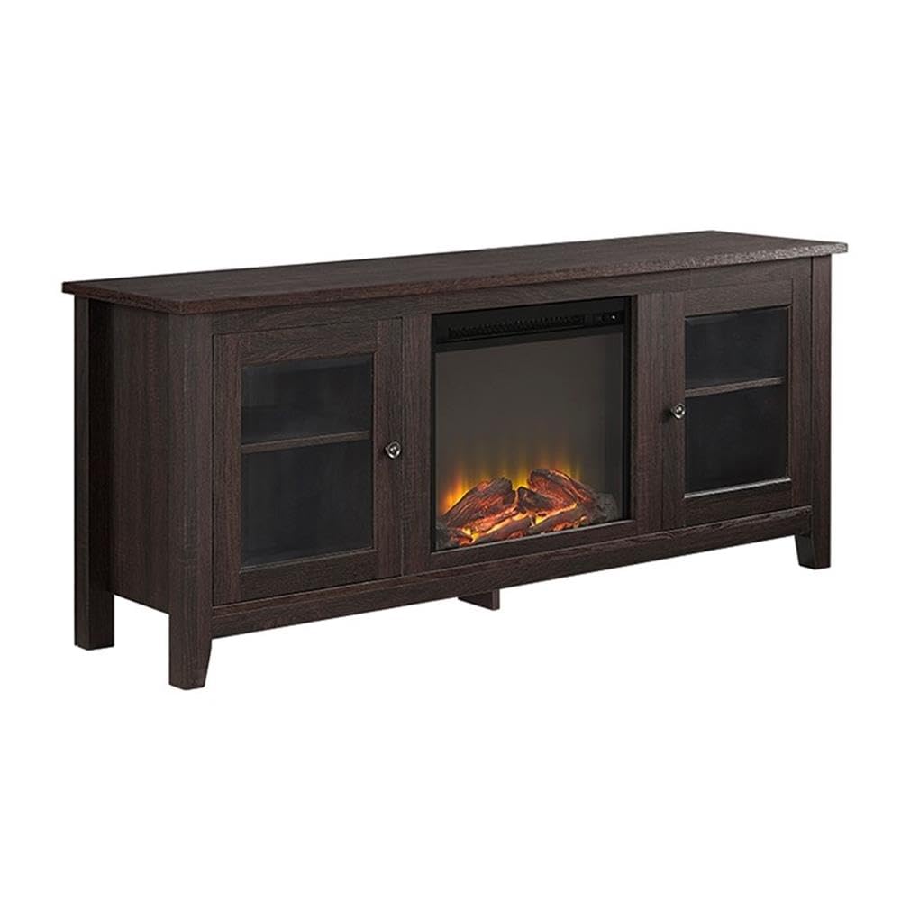 Walker Edison Rustic Wood and Glass Fireplace TV Stand for TV’s up to 64″ Flat Screen Living Room Storage Cabinet Doors and Shelves Entertainment Center, 58 Inch, Espresso Brown